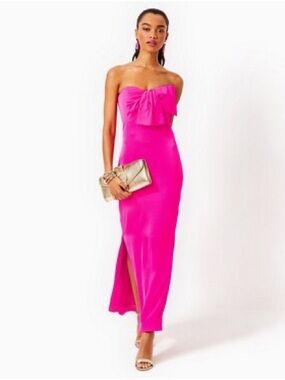 Lilly Pulitzer Carlynn Satin Bow Strapless Side Slit Maxi Dress 00 pink palms
